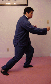 With the right fist punch forward, the left hand comes back next to the right arm with the palm facing the elbow and at the same time transfer the body's weight onto the left foot